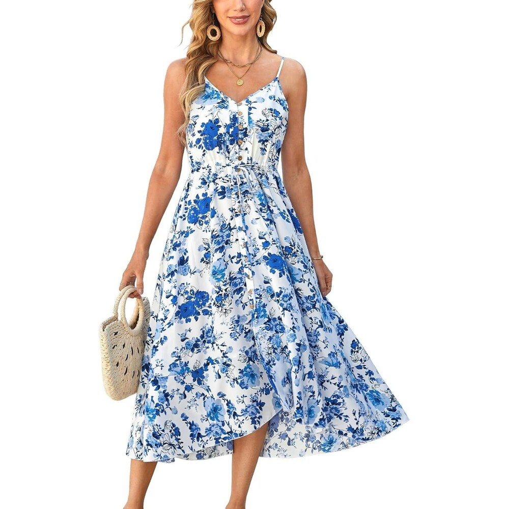 BROVAVE Women's Sundress LARGE White Blue Rose Spaghetti Strap V-Neck Midi Dress